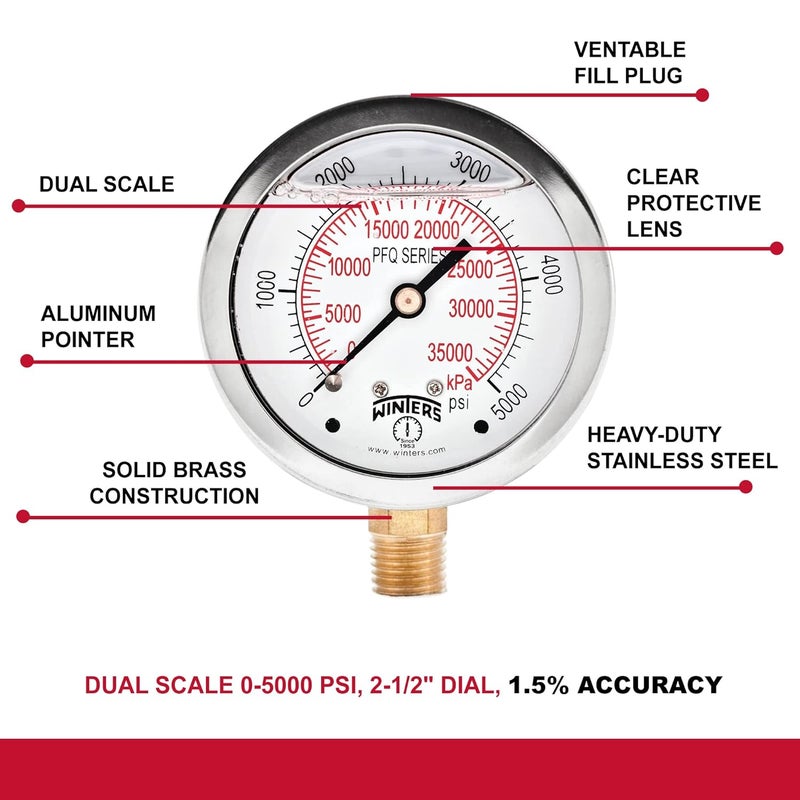 Winters Instruments Winters 2-1/2" Dial Size, Liquid Filled Industrial Pressure Gauge, Brass Internals, Stainless Steel Case, Dual Scale 0-5,000 psi/kPa, 1.5% Acc, 1/4" NPT Bottom Mount, Glycerin Filled Pressure Gauge - Image 4